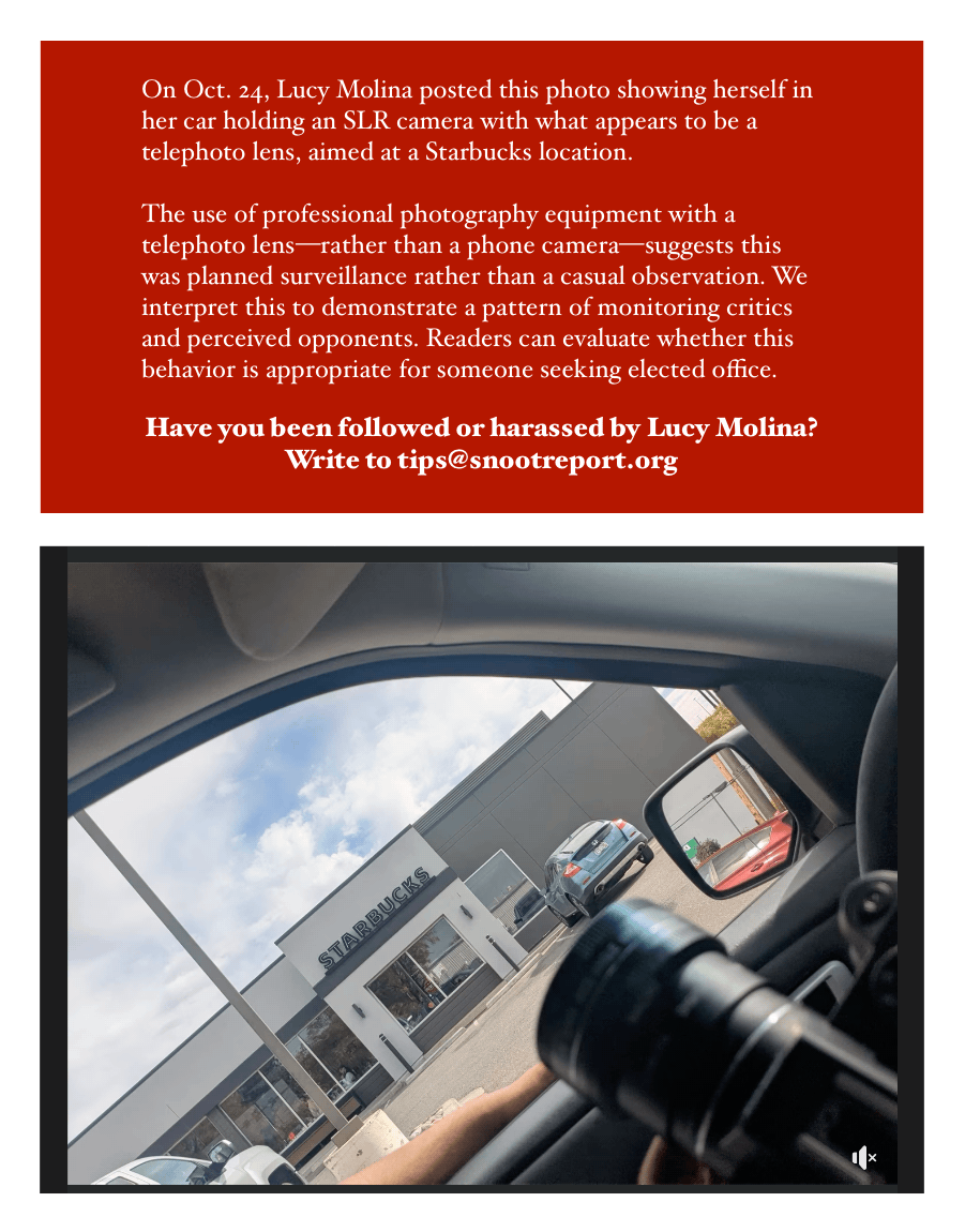 Lucy Molina holding a DSLR camera with a telephoto lens watching a Starbucks