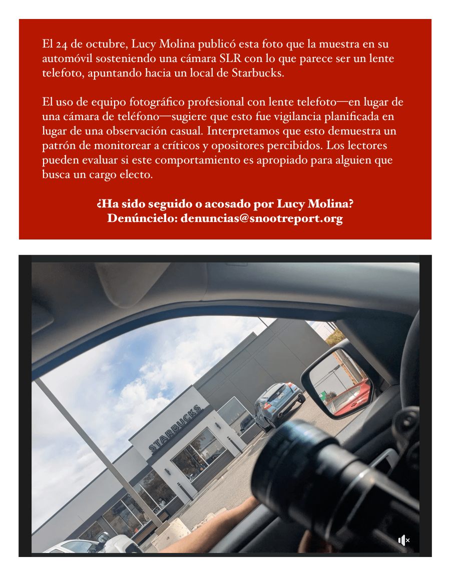 Lucy Molina sosteniendo una cámara SLR con un lente telefoto mirando a Starbucks